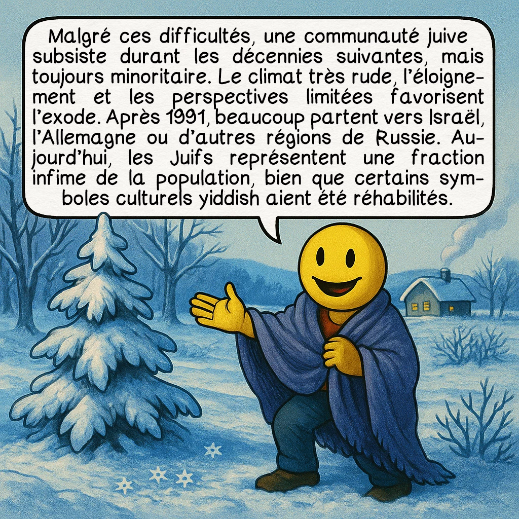 Le Birobidjan, case 7 : Malgré ces difficultés, une communauté juive subsiste durant les décennies suivantes, mais toujours minoritaire. Le climat très rude, l’éloignement et les perspectives limitées favorisent l’exode. Après 1991, beaucoup partent vers Israël, l’Allemagne ou d’autres régions de Russie. Aujourd’hui, les Juifs représentent une fraction infime de la population, bien que certains symboles culturels yiddish aient été réhabilités.
