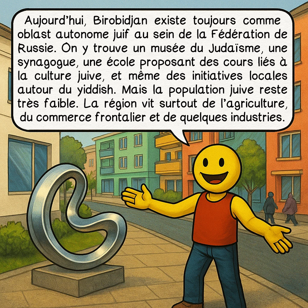 Le Birobidjan, case 8 : Aujourd’hui, Birobidjan existe toujours comme oblast autonome juif au sein de la Fédération de Russie. On y trouve un musée du Judaïsme, une synagogue, une école proposant des cours liés à la culture juive, et même des initiatives locales autour du yiddish. Mais la population juive reste très faible. La région vit surtout de l’agriculture, du commerce frontalier et de quelques industries.