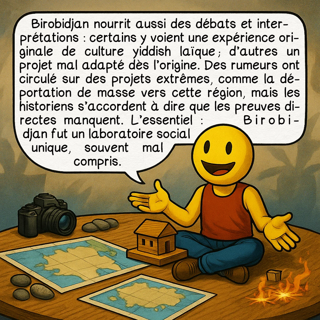 Le Birobidjan, case 9 : Birobidjan nourrit aussi des débats et interprétations : certains y voient une expérience originale de culture yiddish laïque ; d’autres un projet mal adapté dès l’origine. Des rumeurs ont circulé sur des projets extrêmes, comme la déportation de masse vers cette région, mais les historiens s’accordent à dire que les preuves directes manquent. L’essentiel : Birobidjan fut un laboratoire social unique, souvent mal compris.