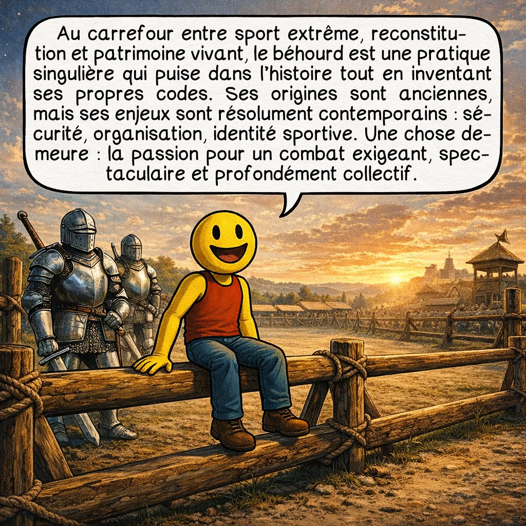 Le béhourd, case 10 : Au carrefour entre sport extrême, reconstitution et patrimoine vivant, le béhourd est une pratique singulière qui puise dans l’histoire tout en inventant ses propres codes. Ses origines sont anciennes, mais ses enjeux sont résolument contemporains : sécurité, organisation, identité sportive. Une chose demeure : la passion pour un combat exigeant, spectaculaire et profondément collectif.