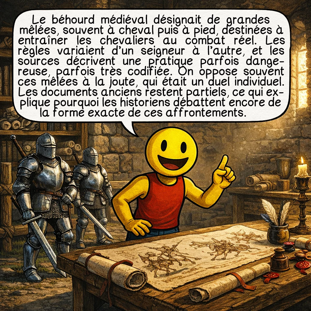Le béhourd, case 2 : Le béhourd médiéval désignait de grandes mêlées, souvent à cheval puis à pied, destinées à entraîner les chevaliers au combat réel. Les règles variaient d’un seigneur à l’autre, et les sources décrivent une pratique parfois dangereuse, parfois très codifiée. On oppose souvent ces mêlées à la joute, qui était un duel individuel. Les documents anciens restent partiels, ce qui explique pourquoi les historiens débattent encore de la forme exacte de ces affrontements.