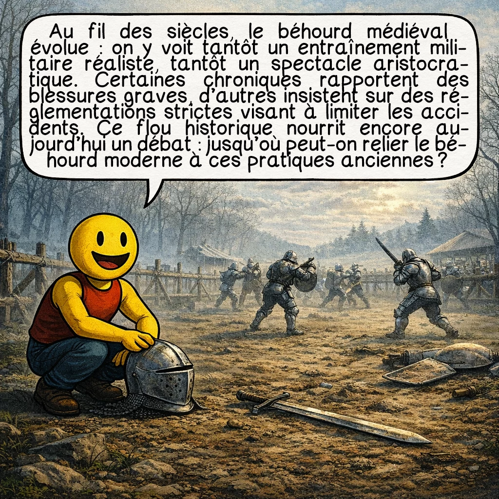 Le béhourd, case 3 : Au fil des siècles, le béhourd médiéval évolue : on y voit tantôt un entraînement militaire réaliste, tantôt un spectacle aristocratique. Certaines chroniques rapportent des blessures graves, d’autres insistent sur des réglementations strictes visant à limiter les accidents. Ce flou historique nourrit encore aujourd’hui un débat : jusqu’où peut-on relier le béhourd moderne à ces pratiques anciennes ?