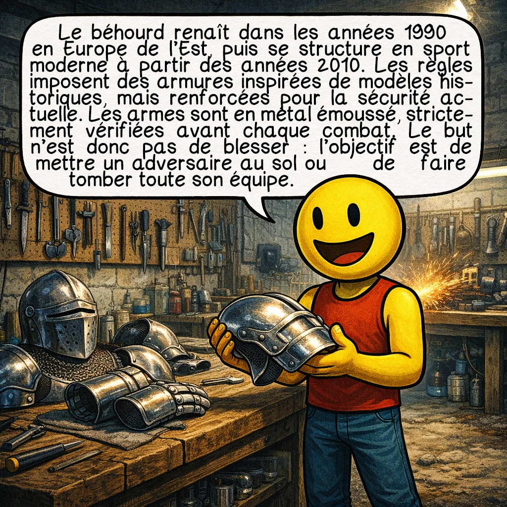 Le béhourd, case 4 : Le béhourd renaît dans les années 1990 en Europe de l’Est, puis se structure en sport moderne à partir des années 2010. Les règles imposent des armures inspirées de modèles historiques, mais renforcées pour la sécurité actuelle. Les armes sont en métal émoussé, strictement vérifiées avant chaque combat. Le but n’est donc pas de blesser : l’objectif est de mettre un adversaire au sol ou de faire tomber toute son équipe.