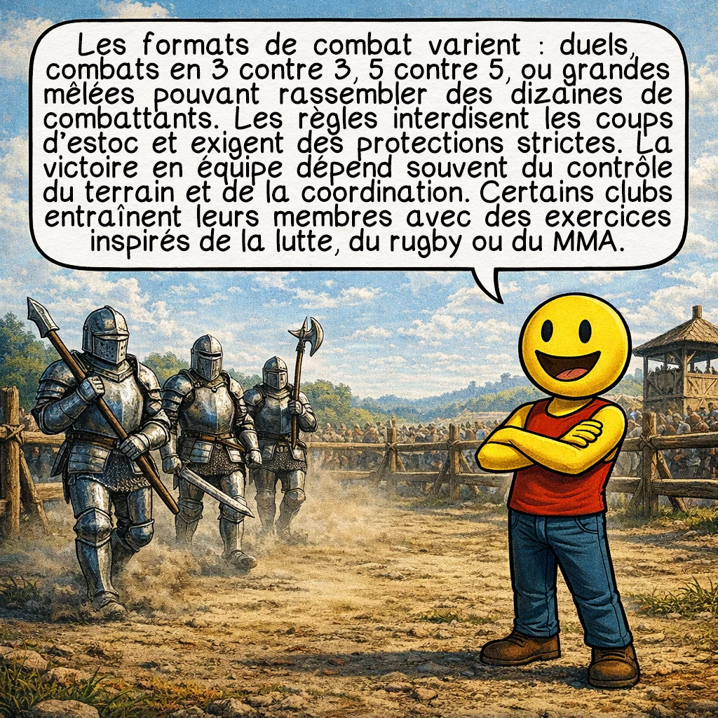 Le béhourd, case 5 : Les formats de combat varient : duels, combats en 3 contre 3, 5 contre 5, ou grandes mêlées pouvant rassembler des dizaines de combattants. Les règles interdisent les coups d’estoc et exigent des protections strictes. La victoire en équipe dépend souvent du contrôle du terrain et de la coordination. Certains clubs entraînent leurs membres avec des exercices inspirés de la lutte, du rugby ou du MMA.