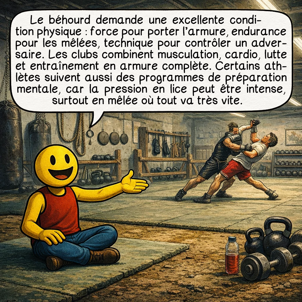 Le béhourd, case 6 : Le béhourd demande une excellente condition physique : force pour porter l’armure, endurance pour les mêlées, technique pour contrôler un adversaire. Les clubs combinent musculation, cardio, lutte et entraînement en armure complète. Certains athlètes suivent aussi des programmes de préparation mentale, car la pression en lice peut être intense, surtout en mêlée où tout va très vite.