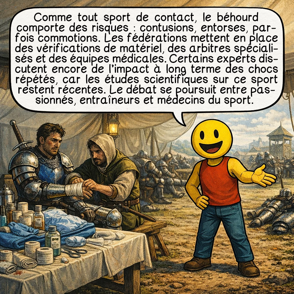 Le béhourd, case 7 : Comme tout sport de contact, le béhourd comporte des risques : contusions, entorses, parfois commotions. Les fédérations mettent en place des vérifications de matériel, des arbitres spécialisés et des équipes médicales. Certains experts discutent encore de l’impact à long terme des chocs répétés, car les études scientifiques sur ce sport restent récentes. Le débat se poursuit entre passionnés, entraîneurs et médecins du sport.