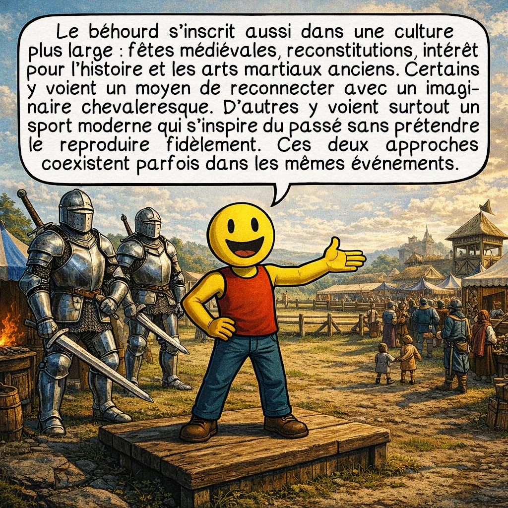 Le béhourd, case 8 : Le béhourd s’inscrit aussi dans une culture plus large : fêtes médiévales, reconstitutions, intérêt pour l’histoire et les arts martiaux anciens. Certains y voient un moyen de reconnecter avec un imaginaire chevaleresque. D’autres y voient surtout un sport moderne qui s’inspire du passé sans prétendre le reproduire fidèlement. Ces deux approches coexistent parfois dans les mêmes événements.