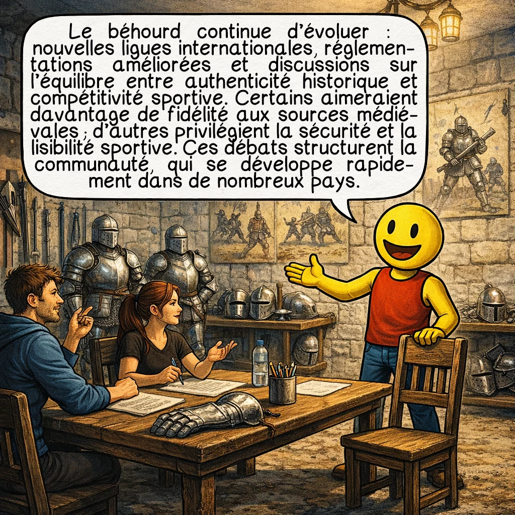 Le béhourd, case 9 : Le béhourd continue d’évoluer : nouvelles ligues internationales, réglementations améliorées et discussions sur l’équilibre entre authenticité historique et compétitivité sportive. Certains aimeraient davantage de fidélité aux sources médiévales ; d’autres privilégient la sécurité et la lisibilité sportive. Ces débats structurent la communauté, qui se développe rapidement dans de nombreux pays.