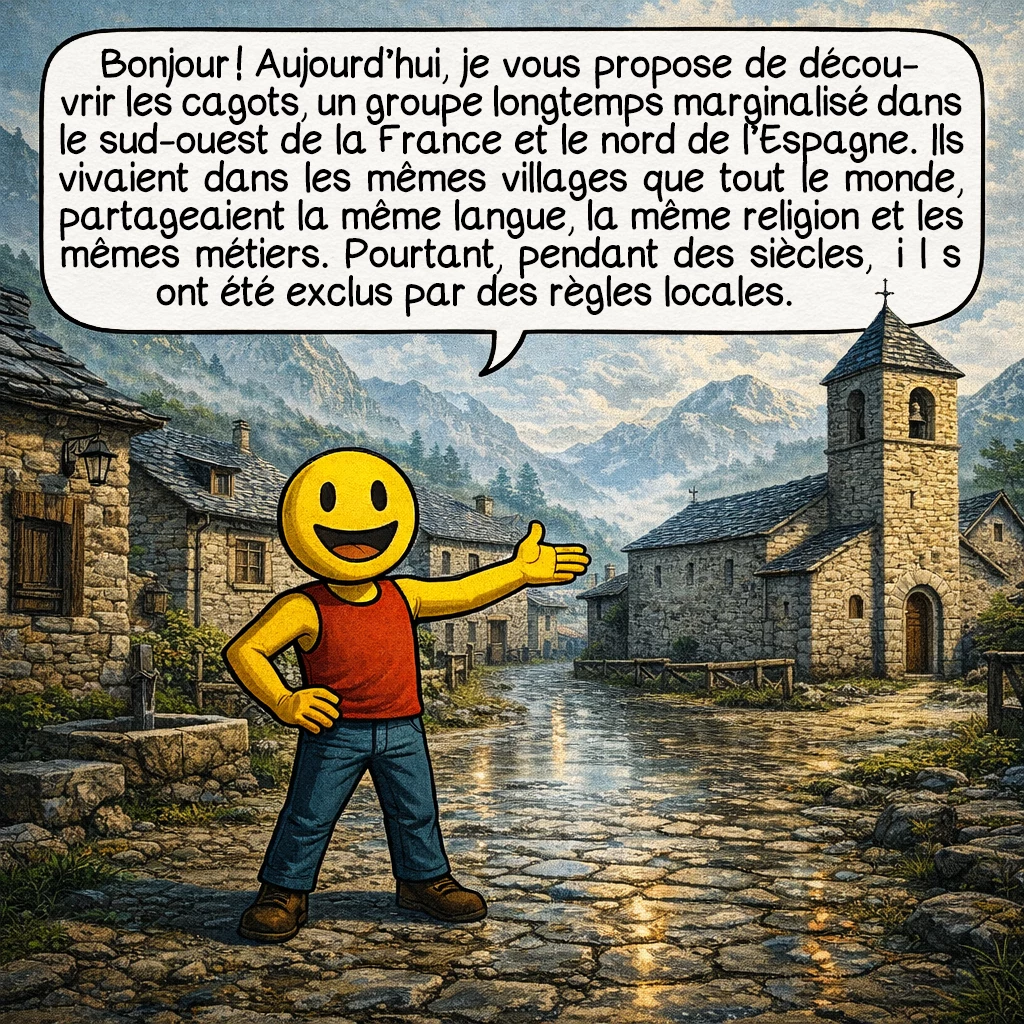 Les cagots, case 1 : Bonjour ! Aujourd’hui, je vous propose de découvrir les cagots, un groupe longtemps marginalisé dans le sud-ouest de la France et le nord de l’Espagne. Ils vivaient dans les mêmes villages que tout le monde, partageaient la même langue, la même religion et les mêmes métiers. Pourtant, pendant des siècles, ils ont été exclus par des règles locales.