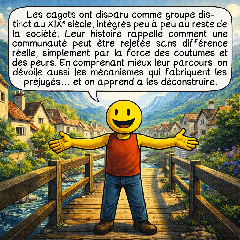 Les cagots, case 10 : Les cagots ont disparu comme groupe distinct au XIXᵉ siècle, intégrés peu à peu au reste de la société. Leur histoire rappelle comment une communauté peut être rejetée sans différence réelle, simplement par la force des coutumes et des peurs. En comprenant mieux leur parcours, on dévoile aussi les mécanismes qui fabriquent les préjugés… et on apprend à les déconstruire.