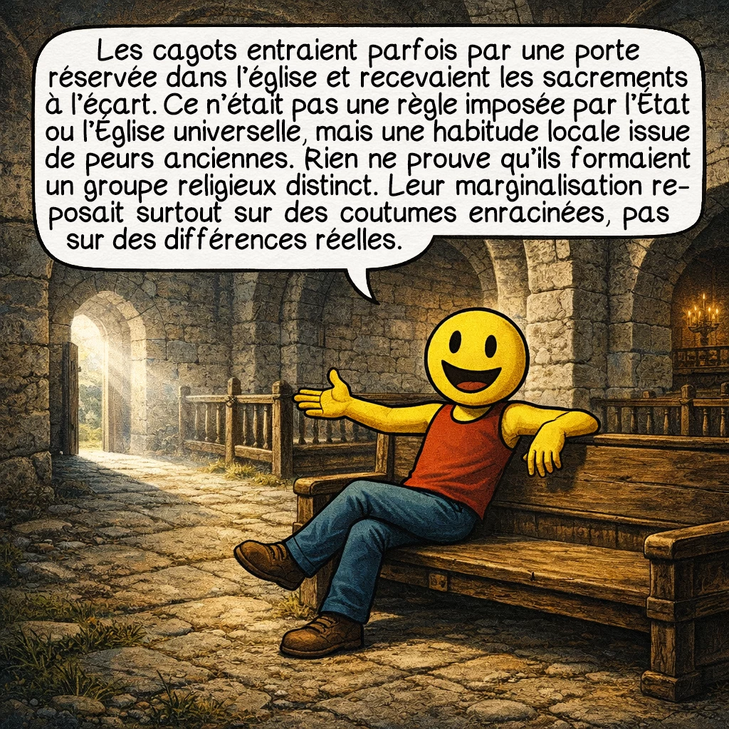 Les cagots, case 2 : Les cagots entraient parfois par une porte réservée dans l’église et recevaient les sacrements à l’écart. Ce n’était pas une règle imposée par l’État ou l’Église universelle, mais une habitude locale issue de peurs anciennes. Rien ne prouve qu’ils formaient un groupe religieux distinct. Leur marginalisation reposait surtout sur des coutumes enracinées, pas sur des différences réelles.