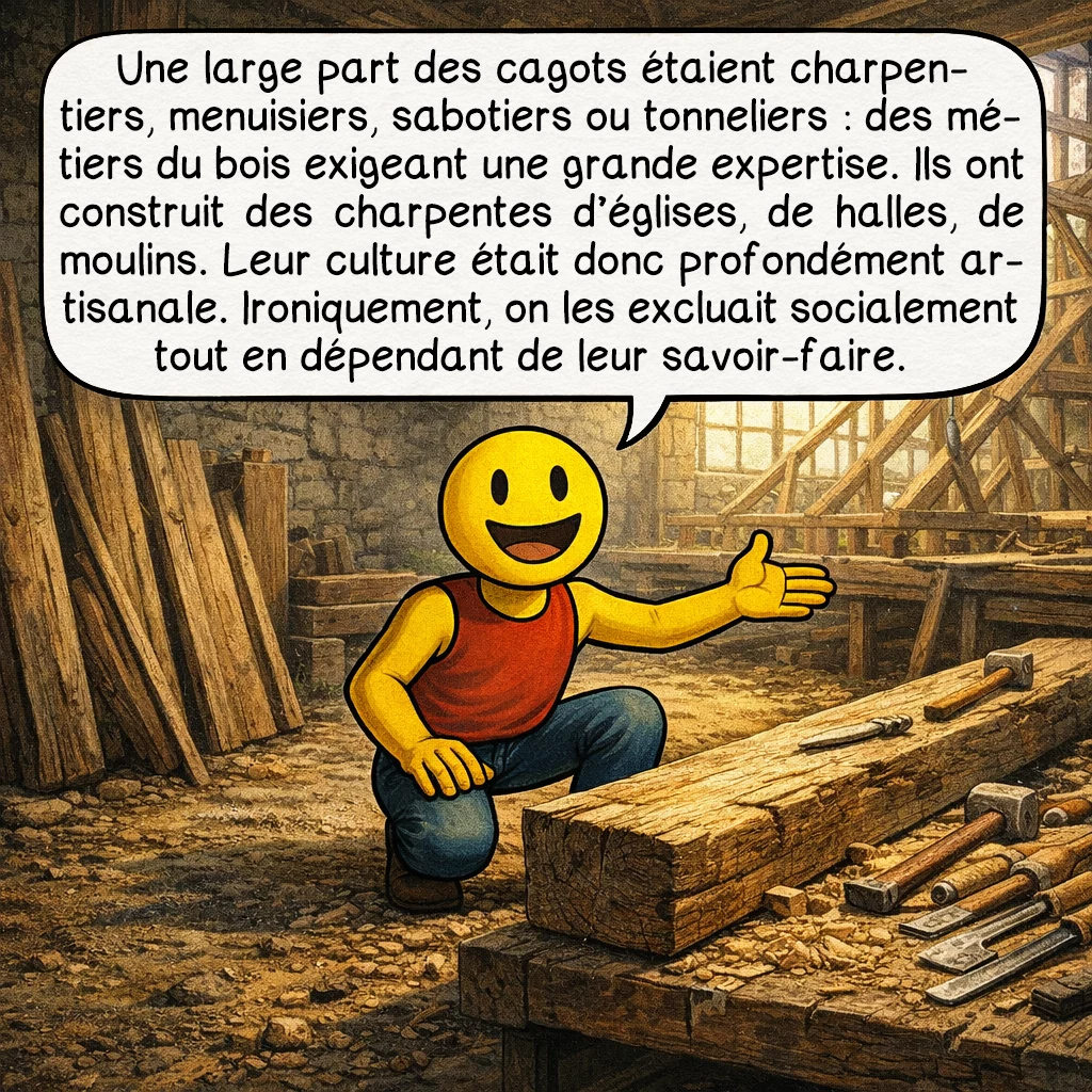 Les cagots, case 3 : Une large part des cagots étaient charpentiers, menuisiers, sabotiers ou tonneliers : des métiers du bois exigeant une grande expertise. Ils ont construit des charpentes d’églises, de halles, de moulins. Leur culture était donc profondément artisanale. Ironiquement, on les excluait socialement tout en dépendant de leur savoir-faire.