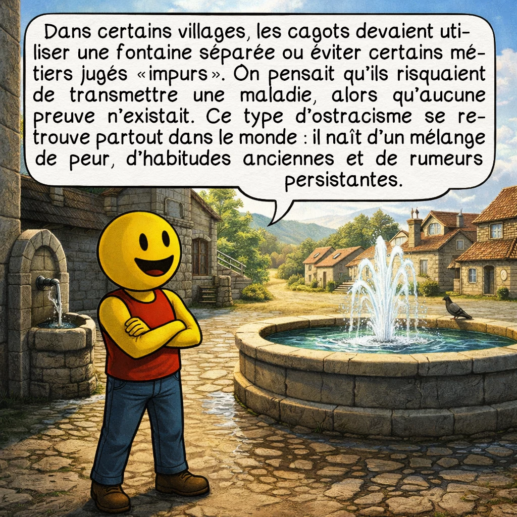 Les cagots, case 4 : Dans certains villages, les cagots devaient utiliser une fontaine séparée ou éviter certains métiers jugés « impurs ». On pensait qu’ils risquaient de transmettre une maladie, alors qu’aucune preuve n’existait. Ce type d’ostracisme se retrouve partout dans le monde : il naît d’un mélange de peur, d’habitudes anciennes et de rumeurs persistantes.