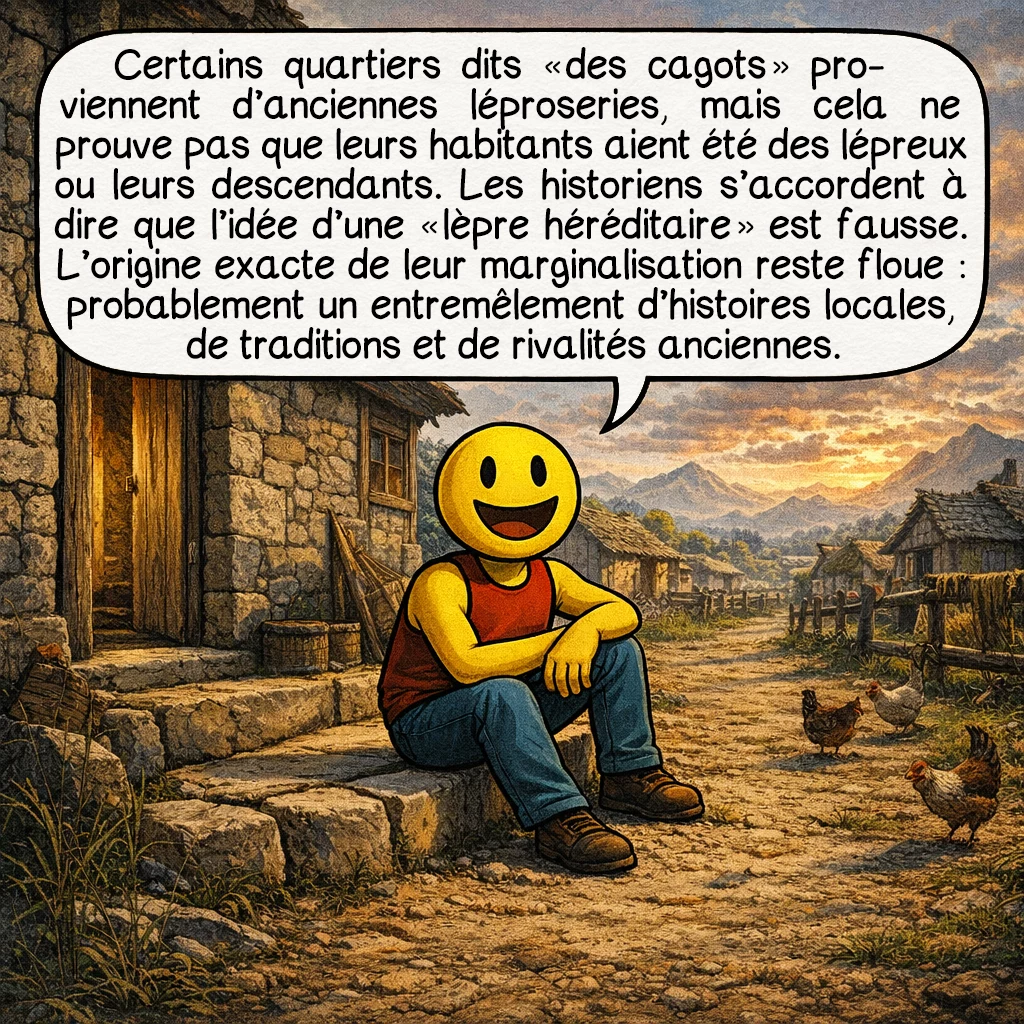 Les cagots, case 5 : Certains quartiers dits « des cagots » proviennent d’anciennes léproseries, mais cela ne prouve pas que leurs habitants aient été des lépreux ou leurs descendants. Les historiens s’accordent à dire que l’idée d’une « lèpre héréditaire » est fausse. L’origine exacte de leur marginalisation reste floue : probablement un entremêlement d’histoires locales, de traditions et de rivalités anciennes.