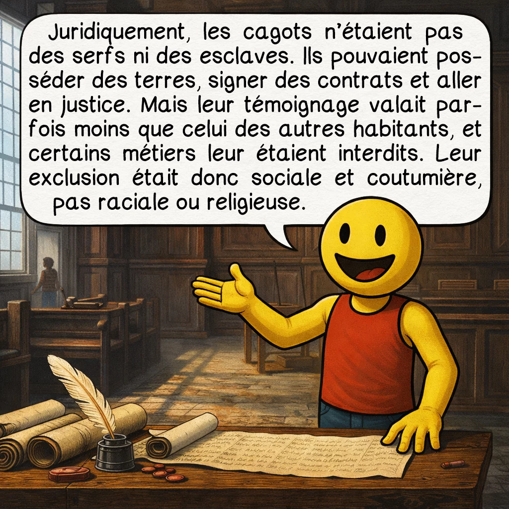 Les cagots, case 6 : Juridiquement, les cagots n’étaient pas des serfs ni des esclaves. Ils pouvaient posséder des terres, signer des contrats et aller en justice. Mais leur témoignage valait parfois moins que celui des autres habitants, et certains métiers leur étaient interdits. Leur exclusion était donc sociale et coutumière, pas raciale ou religieuse.