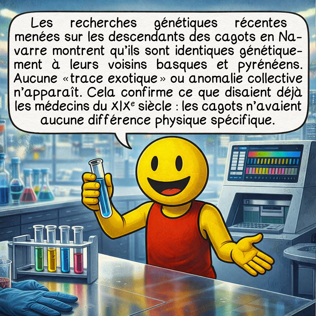 Les cagots, case 7 : Les recherches génétiques récentes menées sur les descendants des cagots en Navarre montrent qu’ils sont identiques génétiquement à leurs voisins basques et pyrénéens. Aucune « trace exotique » ou anomalie collective n’apparaît. Cela confirme ce que disaient déjà les médecins du XIXᵉ siècle : les cagots n’avaient aucune différence physique spécifique.