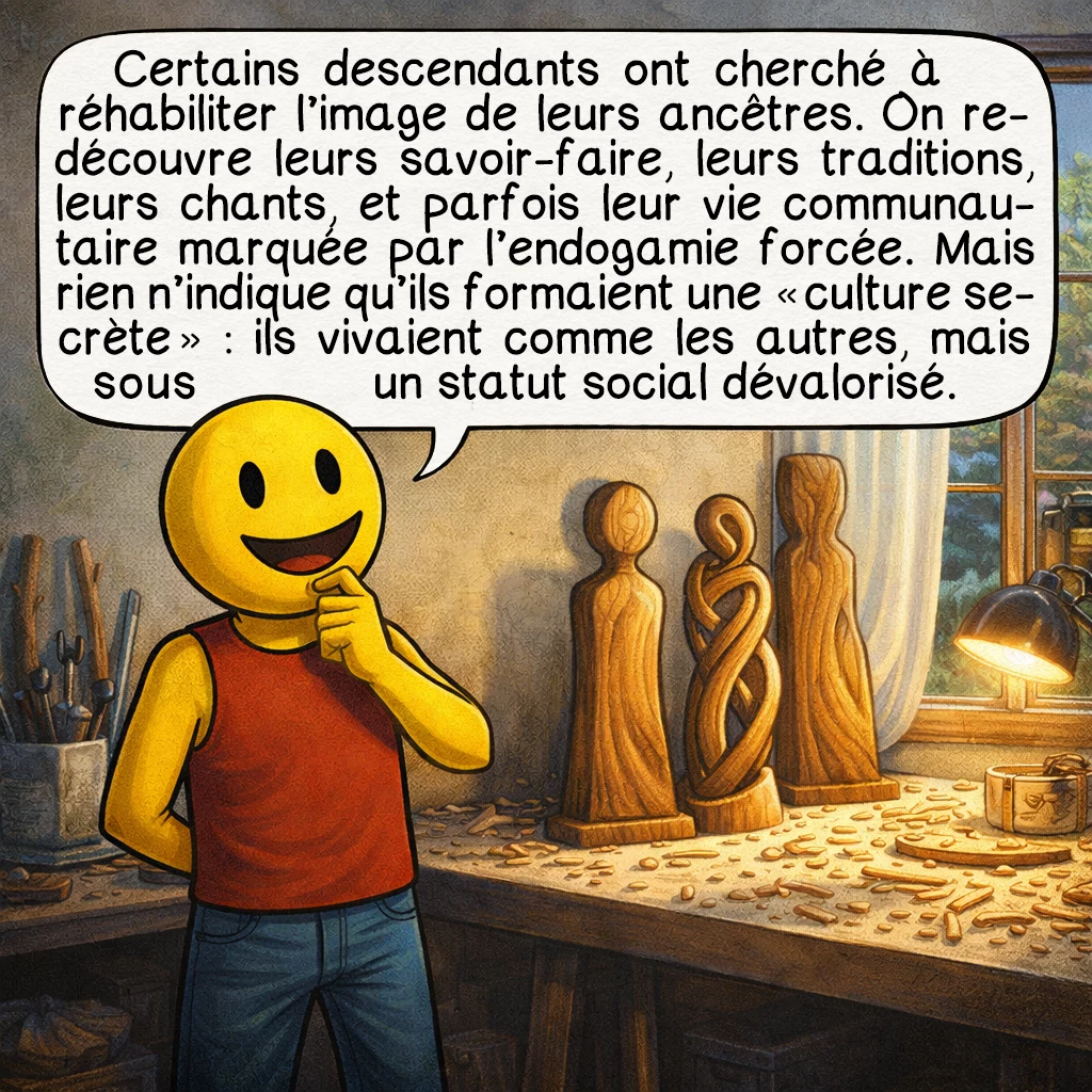 Les cagots, case 8 : Certains descendants ont cherché à réhabiliter l’image de leurs ancêtres. On redécouvre leurs savoir-faire, leurs traditions, leurs chants, et parfois leur vie communautaire marquée par l’endogamie forcée. Mais rien n’indique qu’ils formaient une « culture secrète » : ils vivaient comme les autres, mais sous un statut social dévalorisé.