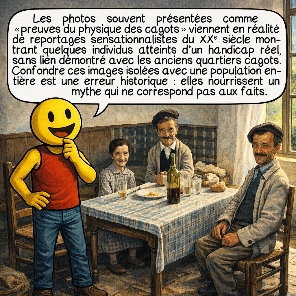 Les cagots, case 9 : Les photos souvent présentées comme « preuves du physique des cagots » viennent en réalité de reportages sensationnalistes du XXᵉ siècle montrant quelques individus atteints d’un handicap réel, sans lien démontré avec les anciens quartiers cagots. Confondre ces images isolées avec une population entière est une erreur historique : elles nourrissent un mythe qui ne correspond pas aux faits.