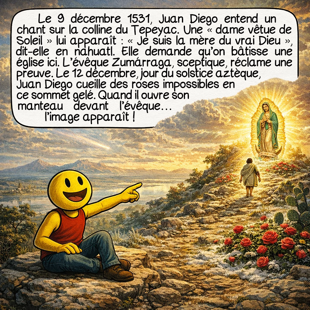 Notre-Dame de Guadalupe, case 2 : Le 9 décembre 1531, Juan Diego entend un chant merveilleux sur la colline du Tepeyac. Une « dame vêtue de soleil » lui apparaît : « Je suis la mère du vrai Dieu », dit-elle en nahuatl, sa langue maternelle. Elle demande qu’une église soit bâtie ici. L’évêque Zumarraga, sceptique, exige une preuve. Le 12 décembre, jour du solstice d’hiver aztèque, Juan Diego cueille des roses impossibles au sommet gelé de la colline. Quand il ouvre son manteau devant l’évêque… l’image miraculeuse apparaît !
