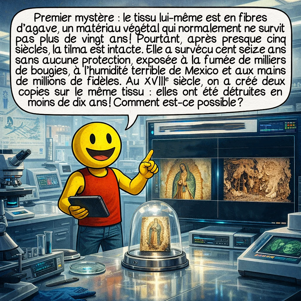 Notre-Dame de Guadalupe, case 3 : Premier mystère : le tissu lui-même est en fibres d’agave, un matériau végétal qui normalement ne survit pas plus de vingt ans ! Pourtant, après presque cinq siècles, la tilma est intacte. Elle a survécu cent seize ans sans aucune protection, exposée à la fumée de milliers de bougies, à l’humidité terrible de Mexico et aux mains de millions de fidèles. Au XVIIIe siècle, on a créé deux copies sur le même tissu : elles ont été détruites en moins de dix ans ! Comment est-ce possible ?