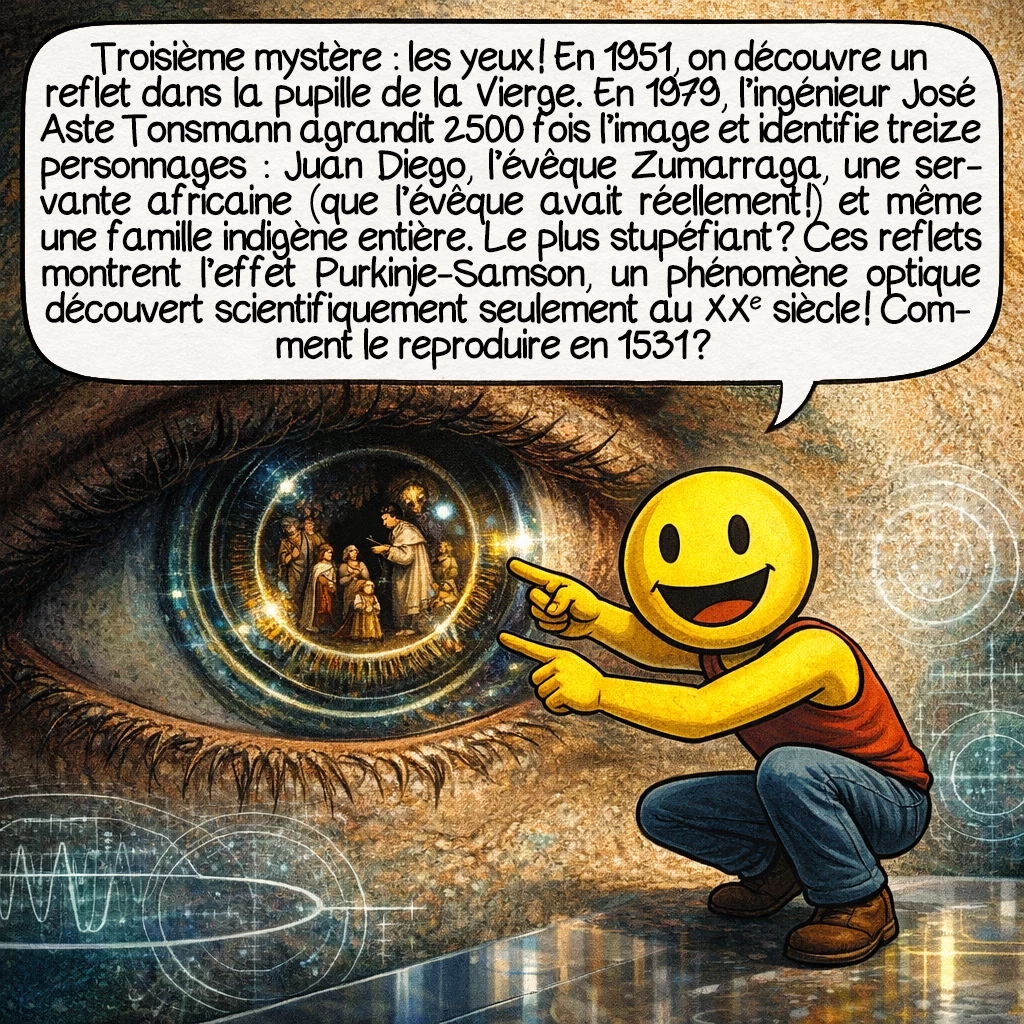 Notre-Dame de Guadalupe, case 5 : Troisième mystère : les yeux ! En 1951, on découvre un reflet dans la pupille de la Vierge. En 1979, l’ingénieur José Aste Tonsmann agrandit 2500 fois l’image et identifie treize personnages : Juan Diego, l’évêque Zumarraga, une servante africaine — que l’évêque avait réellement ! — et même une famille indigène entière. Le plus stupéfiant ? Ces reflets montrent l’effet Purkinje-Samson, un phénomène optique découvert scientifiquement seulement au XXe siècle ! Comment le reproduire en 1531 ?