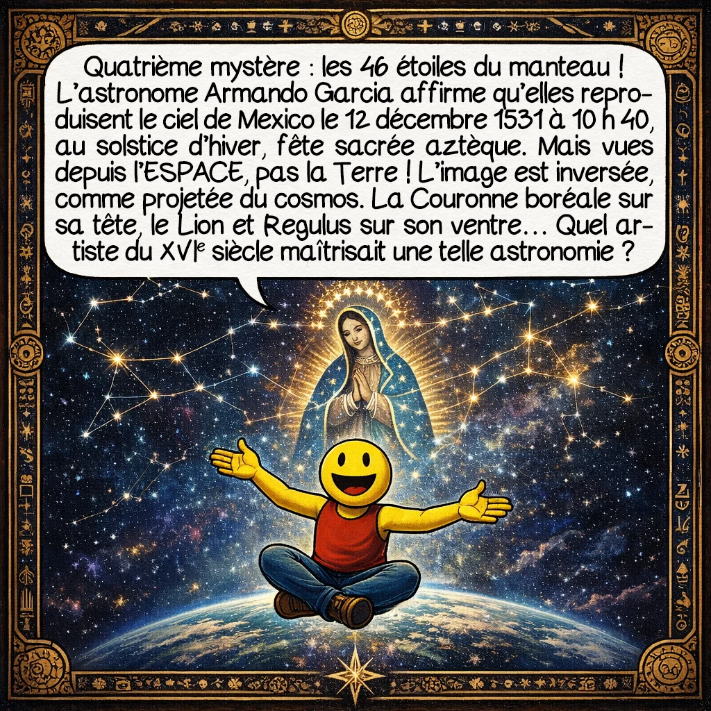 Notre-Dame de Guadalupe, case 6 : Quatrième mystère : les quarante-six étoiles du manteau ! L’astronome Armando Garcia fait une découverte ahurissante : elles reproduisent EXACTEMENT le ciel de Mexico le 12 décembre 1531 à 10 h 40 — l’instant précis du solstice d’hiver, fête sacrée des Aztèques ! Mais attention : vues depuis l’ESPACE, pas depuis la Terre ! L’image est inversée, comme projetée depuis le cosmos. La Couronne boréale sur sa tête, le Lion avec Regulus (« petit roi ») sur son ventre enceint… Quel artiste du XVIe siècle connaissait l’astronomie spatiale ?