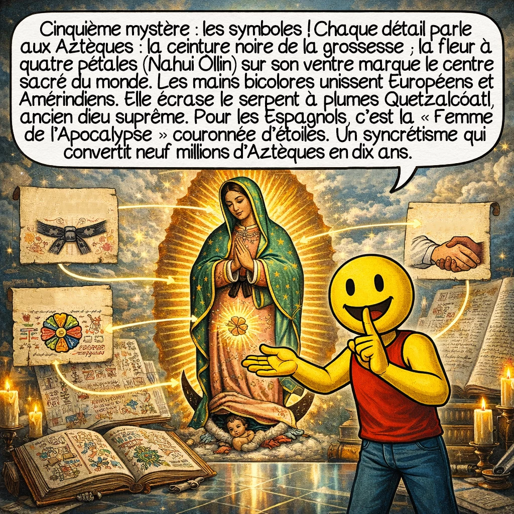 Notre-Dame de Guadalupe, case 7 : Cinquième mystère : les symboles ! Chaque détail parle aux Aztèques : la ceinture noire signifie « femme enceinte », la fleur à quatre pétales sur son ventre est le Nahui Ollin, centre sacré de l’univers aztèque. Les mains jointes de couleurs différentes unissent Européens et Amérindiens. Elle piétine le serpent à plumes Quetzalcóatl, ancien dieu suprême. Pour les Espagnols, c’est la « Femme de l’Apocalypse couronnée d’étoiles ». Un chef-d’œuvre de syncrétisme qui a converti neuf millions d’Aztèques en dix ans !