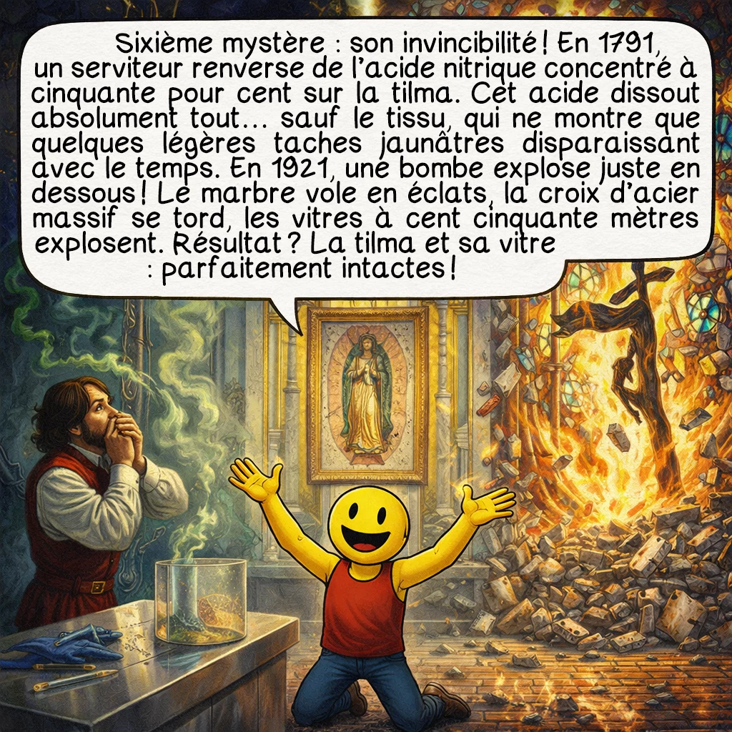 Notre-Dame de Guadalupe, case 8 : Sixième mystère : son invincibilité ! En 1791, un serviteur renverse de l’acide nitrique concentré à cinquante pour cent sur la tilma. Cet acide dissout absolument tout… sauf le tissu, qui ne montre que quelques légères taches jaunâtres disparaissant avec le temps. En 1921, une bombe explose juste en dessous ! Le marbre vole en éclats, la croix d’acier massif se tord, les vitres à cent cinquante mètres explosent. Résultat ? La tilma et sa vitre : parfaitement intactes !