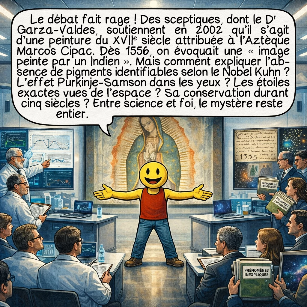 Notre-Dame de Guadalupe, case 9 : Le débat fait rage ! Les sceptiques, comme le Dr Garza-Valdes, affirment en 2002 que c’est une peinture humaine du XVIIe siècle, l’œuvre du peintre aztèque Marcos Cipac. Dès 1556, on parlait d’« image peinte par un Indien ». Mais alors : comment expliquer l’absence de pigments identifiables selon le prix Nobel Kuhn ? Les yeux avec leur effet Purkinje-Samson ? Les étoiles parfaitement exactes vues depuis l’espace ? La conservation impossible pendant cinq siècles ? Entre science et foi, le mystère demeure entier.