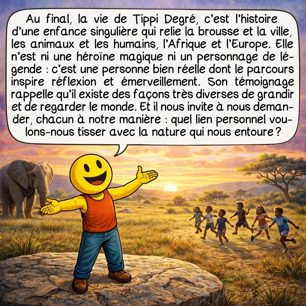 Tippi Degré, case 10 : Au final, la vie de Tippi Degré, c’est l’histoire d’une enfance singulière qui relie la brousse et la ville, les animaux et les humains, l’Afrique et l’Europe. Elle n’est ni une héroïne magique ni un personnage de légende : c’est une personne bien réelle dont le parcours inspire réflexion et émerveillement. Son témoignage rappelle qu’il existe des façons très diverses de grandir et de regarder le monde. Et il nous invite à nous demander, chacun à notre manière : quel lien personnel voulons-nous tisser avec la nature qui nous entoure ?