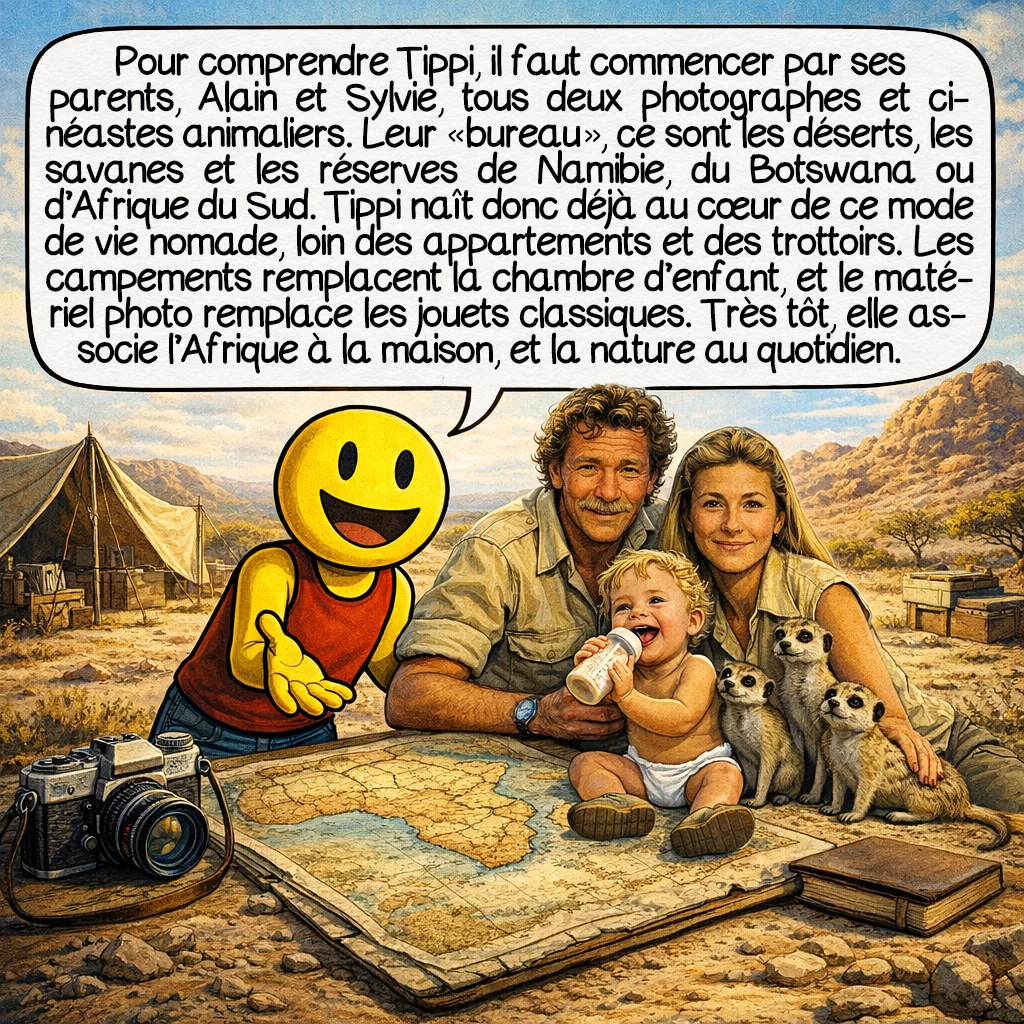 Tippi Degré, case 2 : Pour comprendre Tippi, il faut commencer par ses parents, Alain et Sylvie, tous deux photographes et cinéastes animaliers. Leur « bureau », ce sont les déserts, les savanes et les réserves de Namibie, du Botswana ou d’Afrique du Sud. Tippi naît donc déjà au cœur de ce mode de vie nomade, loin des appartements et des trottoirs. Les campements remplacent la chambre d’enfant, et le matériel photo remplace les jouets classiques. Très tôt, elle associe l’Afrique à la maison, et la nature au quotidien.