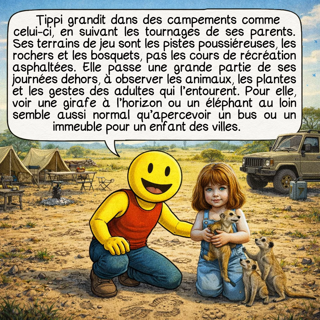 Tippi Degré, case 3 : Tippi grandit dans des campements comme celui-ci, en suivant les tournages de ses parents. Ses terrains de jeu sont les pistes poussiéreuses, les rochers et les bosquets, pas les cours de récréation asphaltées. Elle passe une grande partie de ses journées dehors, à observer les animaux, les plantes et les gestes des adultes qui l’entourent. Pour elle, voir une girafe à l’horizon ou un éléphant au loin semble aussi normal qu’apercevoir un bus ou un immeuble pour un enfant des villes.