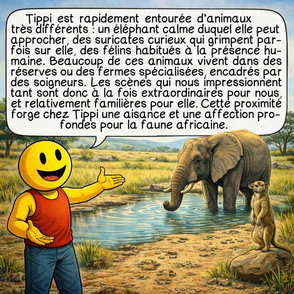 Tippi Degré, case 4 : Tippi est rapidement entourée d’animaux très différents : un éléphant calme duquel elle peut approcher, des suricates curieux qui grimpent parfois sur elle, des félins habitués à la présence humaine. Beaucoup de ces animaux vivent dans des réserves ou des fermes spécialisées, encadrés par des soigneurs. Les scènes qui nous impressionnent tant sont donc à la fois extraordinaires pour nous, et relativement familières pour elle. Cette proximité forge chez Tippi une aisance et une affection profondes pour la faune africaine.
