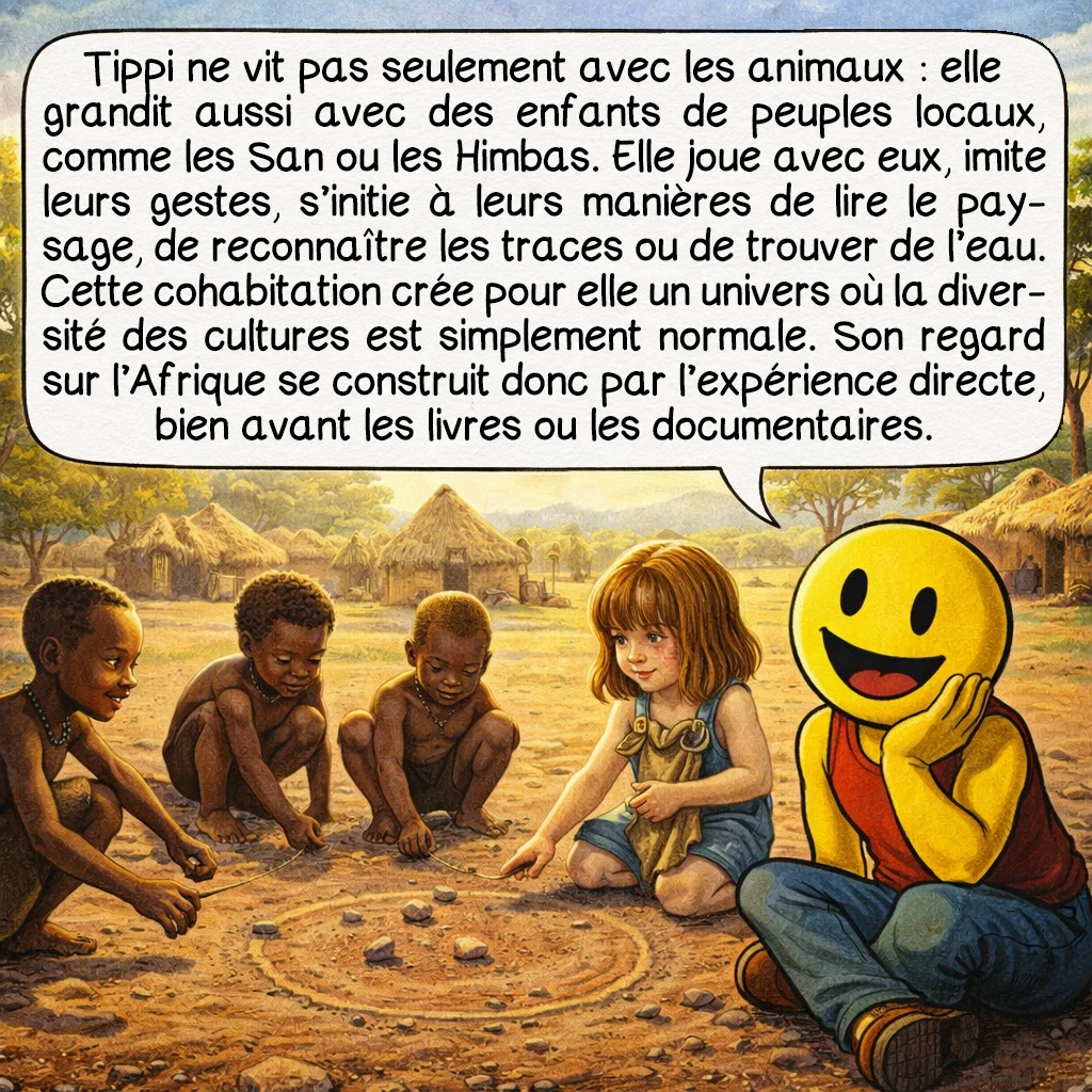 Tippi Degré, case 5 : Tippi ne vit pas seulement avec les animaux : elle grandit aussi avec des enfants de peuples locaux, comme les San ou les Himbas. Elle joue avec eux, imite leurs gestes, s’initie à leurs manières de lire le paysage, de reconnaître les traces ou de trouver de l’eau. Cette cohabitation crée pour elle un univers où la diversité des cultures est simplement normale. Son regard sur l’Afrique se construit donc par l’expérience directe, bien avant les livres ou les documentaires.