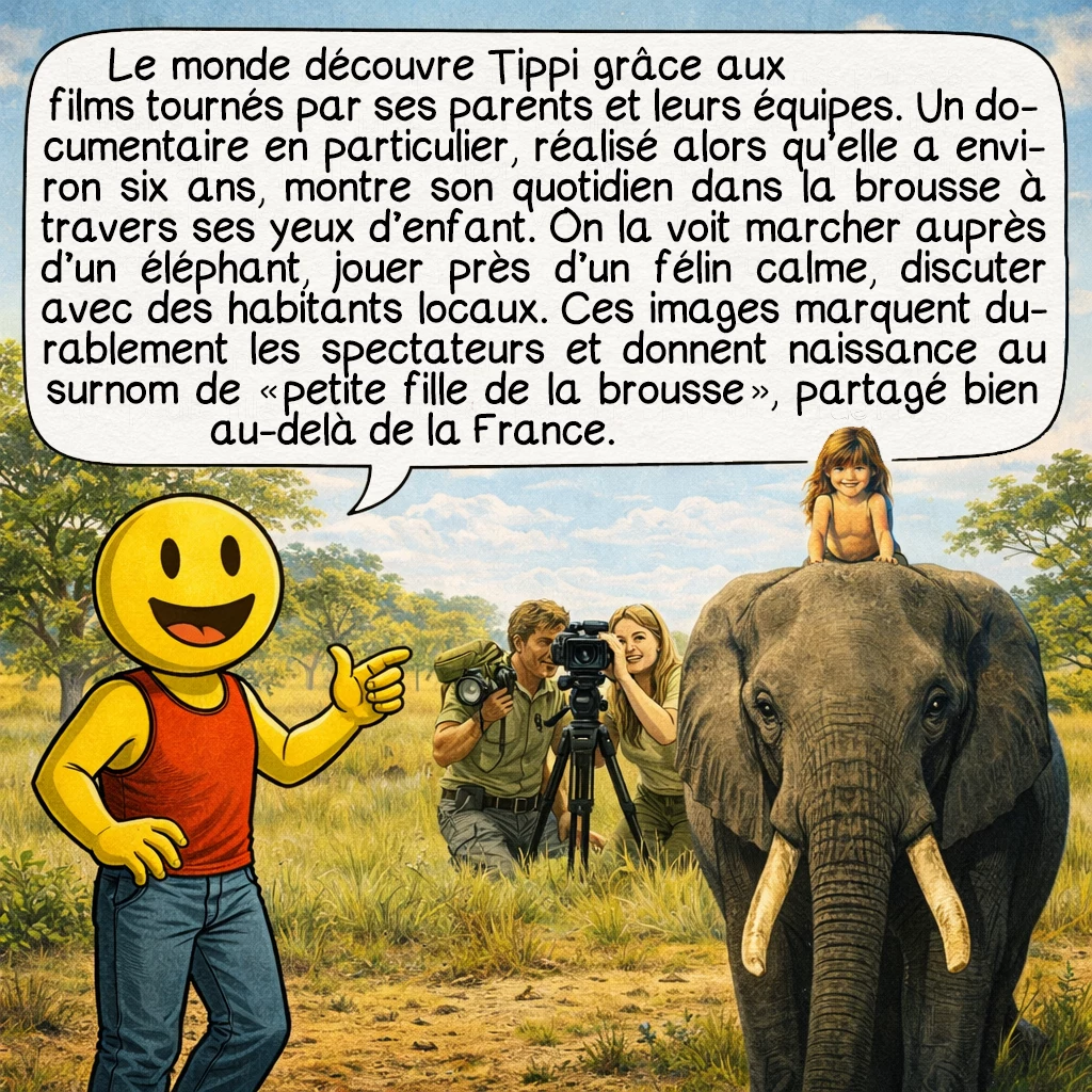Tippi Degré, case 6 : Le monde découvre Tippi grâce aux films tournés par ses parents et leurs équipes. Un documentaire en particulier, réalisé alors qu’elle a environ six ans, montre son quotidien dans la brousse à travers ses yeux d’enfant. On la voit marcher auprès d’un éléphant, jouer près d’un félin calme, discuter avec des habitants locaux. Ces images marquent durablement les spectateurs et donnent naissance au surnom de « petite fille de la brousse », partagé bien au-delà de la France.