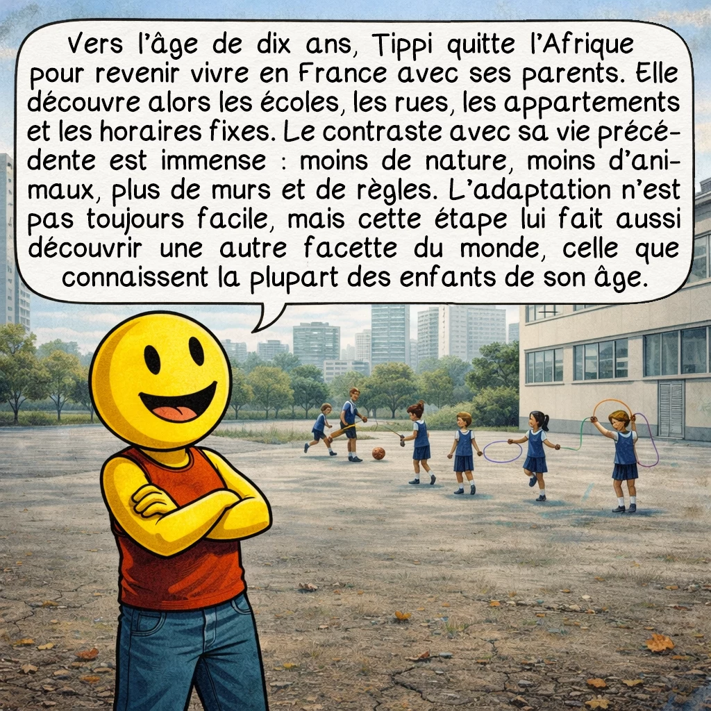 Tippi Degré, case 7 : Vers l’âge de dix ans, Tippi quitte l’Afrique pour revenir vivre en France avec ses parents. Elle découvre alors les écoles, les rues, les appartements et les horaires fixes. Le contraste avec sa vie précédente est immense : moins de nature, moins d’animaux, plus de murs et de règles. L’adaptation n’est pas toujours facile, mais cette étape lui fait aussi découvrir une autre facette du monde, celle que connaissent la plupart des enfants de son âge.