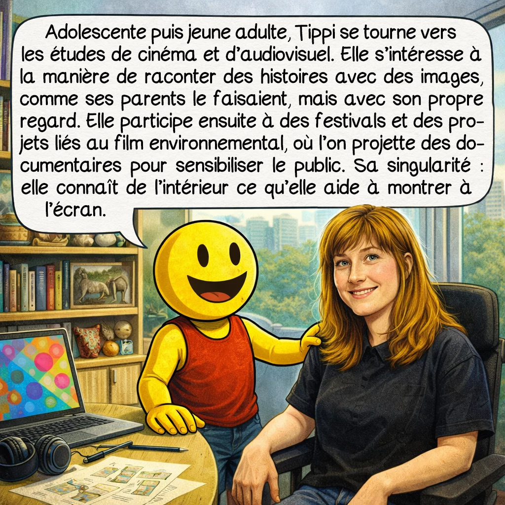 Tippi Degré, case 8 : Adolescente puis jeune adulte, Tippi se tourne vers les études de cinéma et d’audiovisuel. Elle s’intéresse à la manière de raconter des histoires avec des images, comme ses parents le faisaient, mais avec son propre regard. Elle participe ensuite à des festivals et des projets liés au film environnemental, où l’on projette des documentaires pour sensibiliser le public. Sa singularité : elle connaît de l’intérieur ce qu’elle aide à montrer à l’écran.