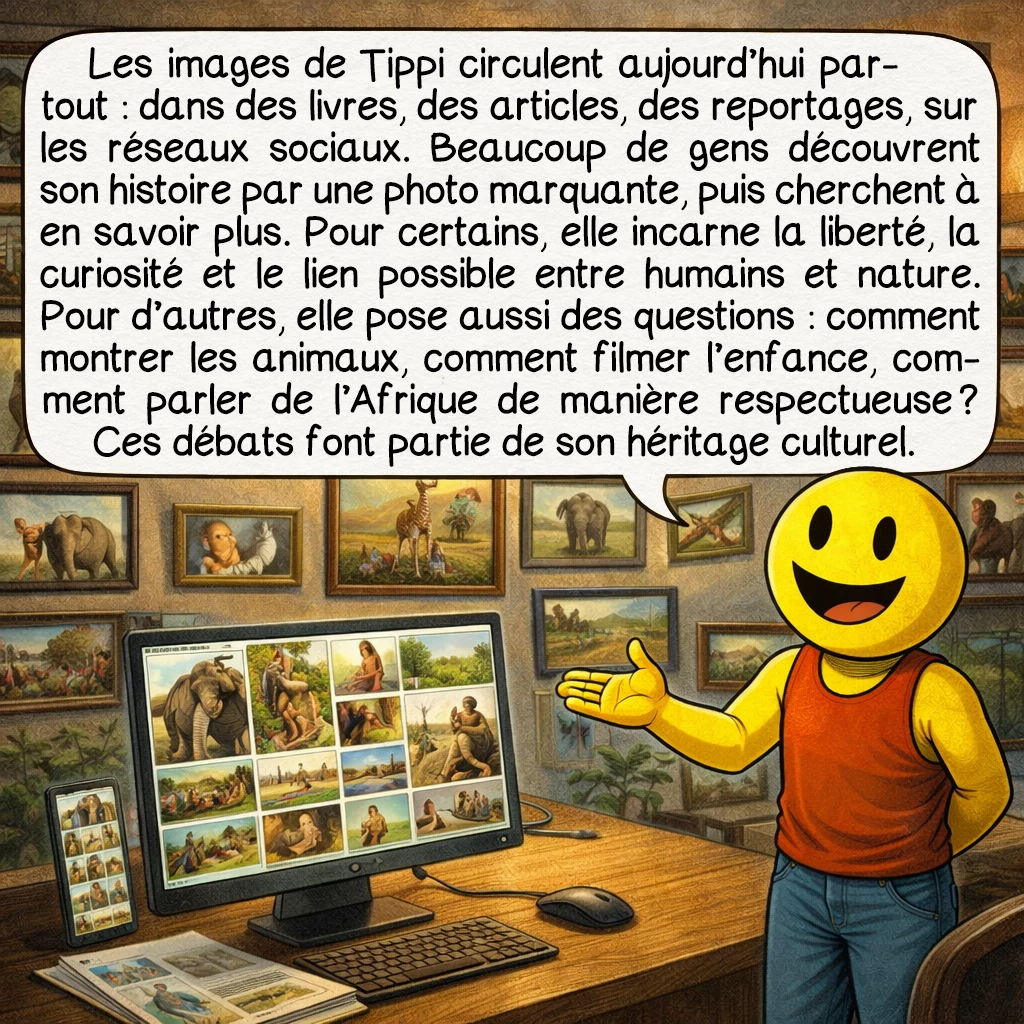 Tippi Degré, case 9 : Les images de Tippi circulent aujourd’hui partout : dans des livres, des articles, des reportages, sur les réseaux sociaux. Beaucoup de gens découvrent son histoire par une photo marquante, puis cherchent à en savoir plus. Pour certains, elle incarne la liberté, la curiosité et le lien possible entre humains et nature. Pour d’autres, elle pose aussi des questions : comment montrer les animaux, comment filmer l’enfance, comment parler de l’Afrique de manière respectueuse ? Ces débats font partie de son héritage culturel.