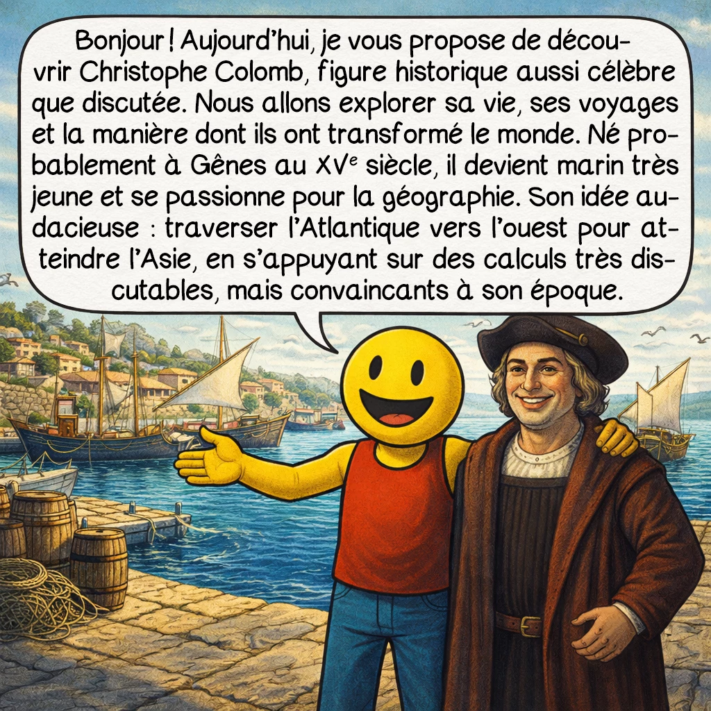 Christophe Colomb, case 1 : Bonjour ! Aujourd’hui, je vous propose de découvrir Christophe Colomb, figure historique aussi célèbre que discutée. Nous allons explorer sa vie, ses voyages et la manière dont ils ont transformé le monde. Né probablement à Gênes au XVe siècle, il devient marin très jeune et se passionne pour la géographie. Son idée audacieuse : traverser l’Atlantique vers l’ouest pour atteindre l’Asie, en s’appuyant sur des calculs très discutables, mais convaincants à son époque.