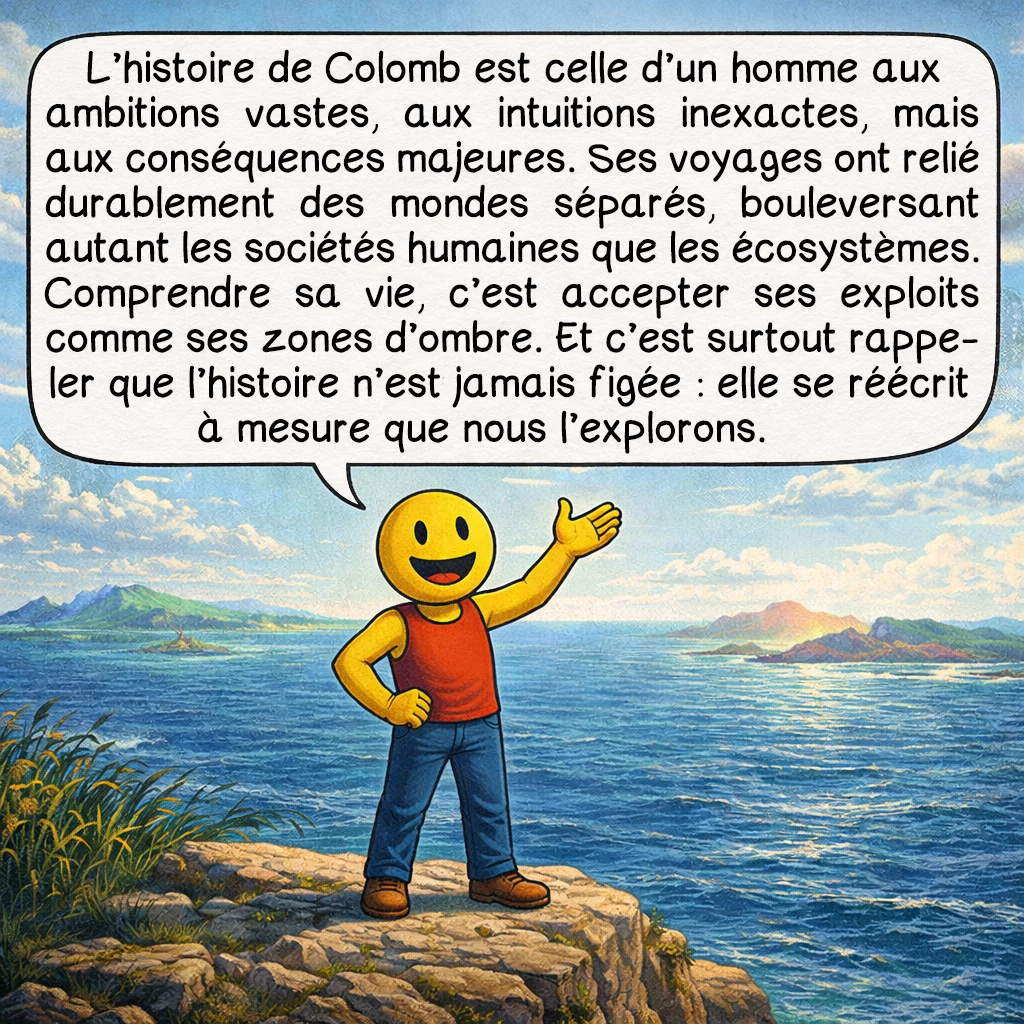 Christophe Colomb, case 10 : L’histoire de Colomb est celle d’un homme aux ambitions vastes, aux intuitions inexactes, mais aux conséquences majeures. Ses voyages ont relié durablement des mondes séparés, bouleversant autant les sociétés humaines que les écosystèmes. Comprendre sa vie, c’est accepter ses exploits comme ses zones d’ombre. Et c’est surtout rappeler que l’histoire n’est jamais figée : elle se réécrit à mesure que nous l’explorons.