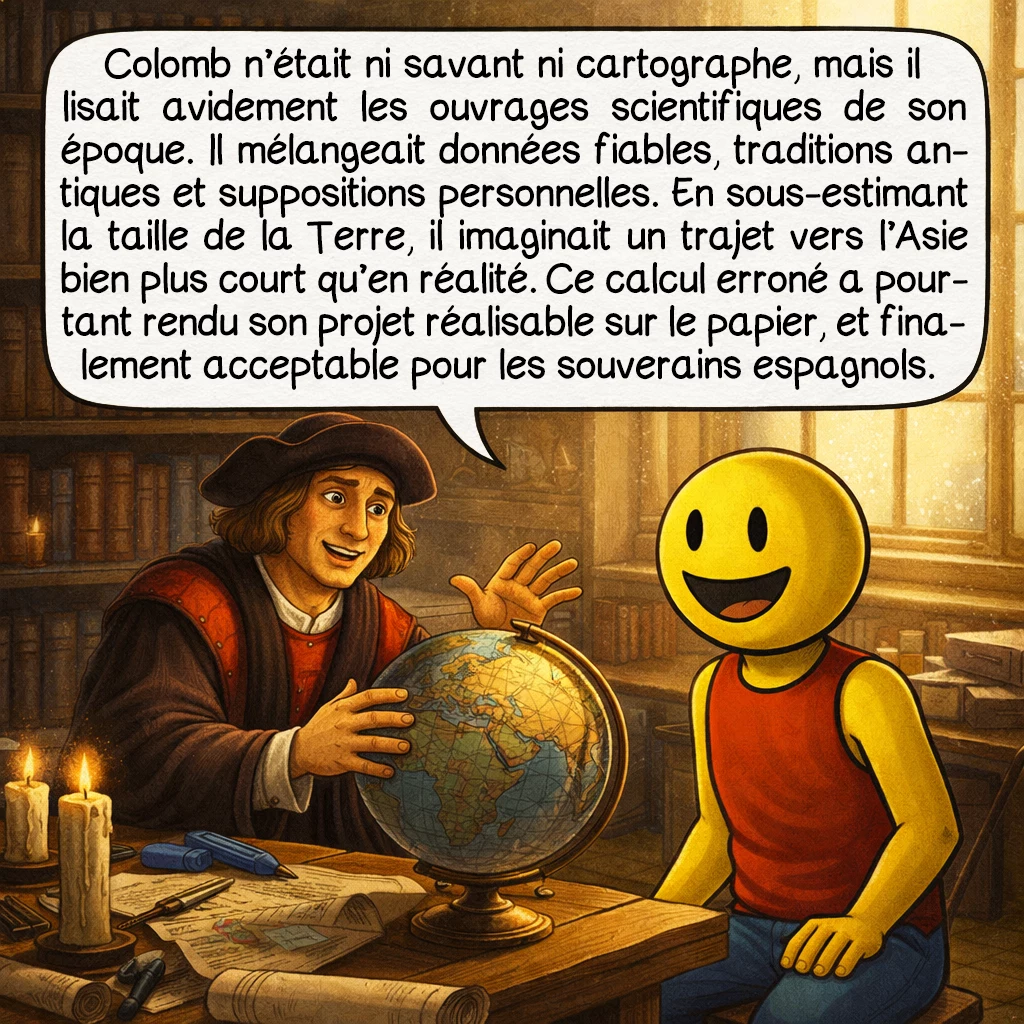 Christophe Colomb, case 2 : Colomb n’était ni savant ni cartographe, mais il lisait avidement les ouvrages scientifiques de son époque. Il mélangeait données fiables, traditions antiques et suppositions personnelles. En sous-estimant la taille de la Terre, il imaginait un trajet vers l’Asie bien plus court qu’en réalité. Ce calcul erroné a pourtant rendu son projet réalisable sur le papier, et finalement acceptable pour les souverains espagnols.