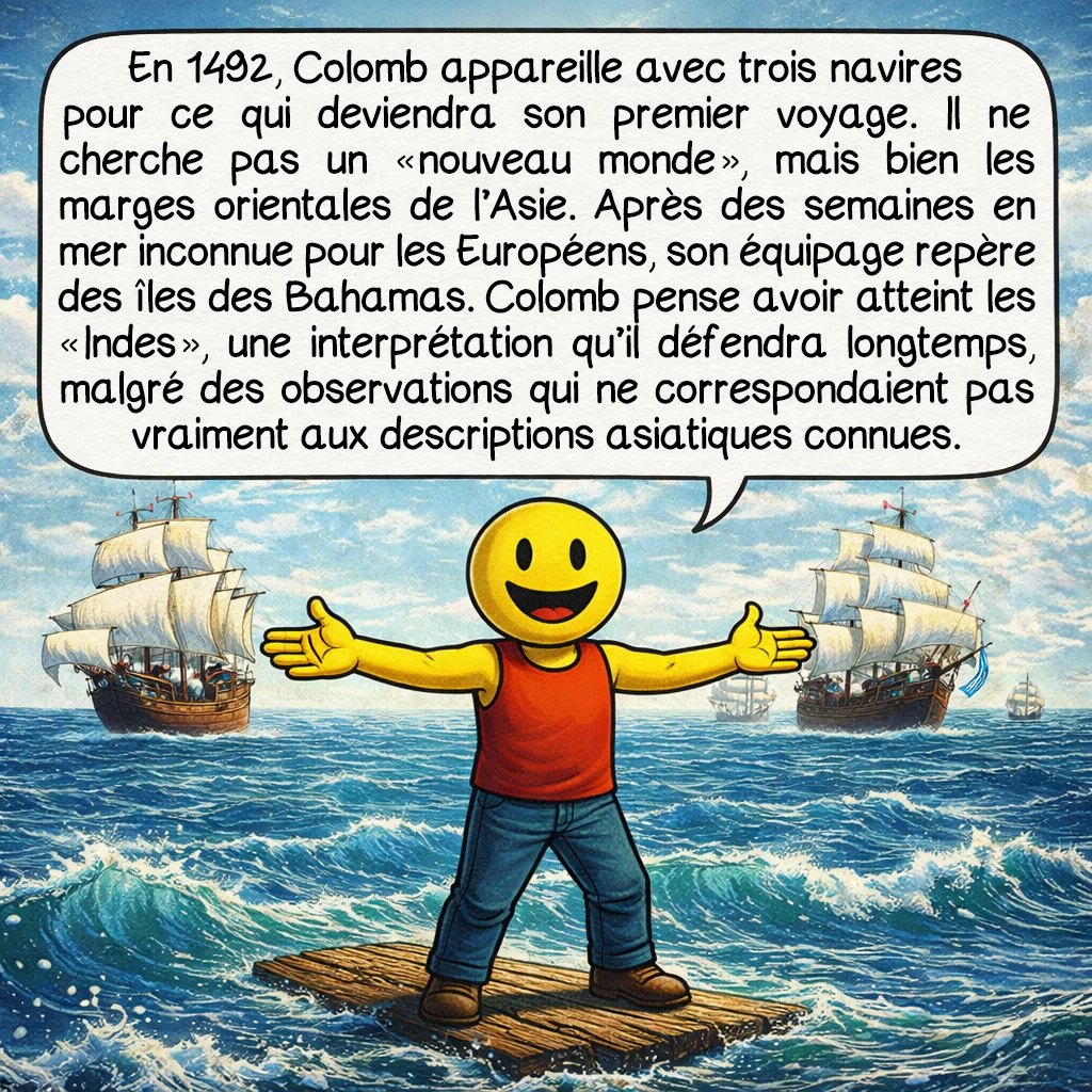 Christophe Colomb, case 3 : En 1492, Colomb appareille avec trois navires pour ce qui deviendra son premier voyage. Il ne cherche pas un « nouveau monde », mais bien les marges orientales de l’Asie. Après des semaines en mer inconnue pour les Européens, son équipage repère des îles des Bahamas. Colomb pense avoir atteint les « Indes », une interprétation qu’il défendra longtemps, malgré des observations qui ne correspondaient pas vraiment aux descriptions asiatiques connues.