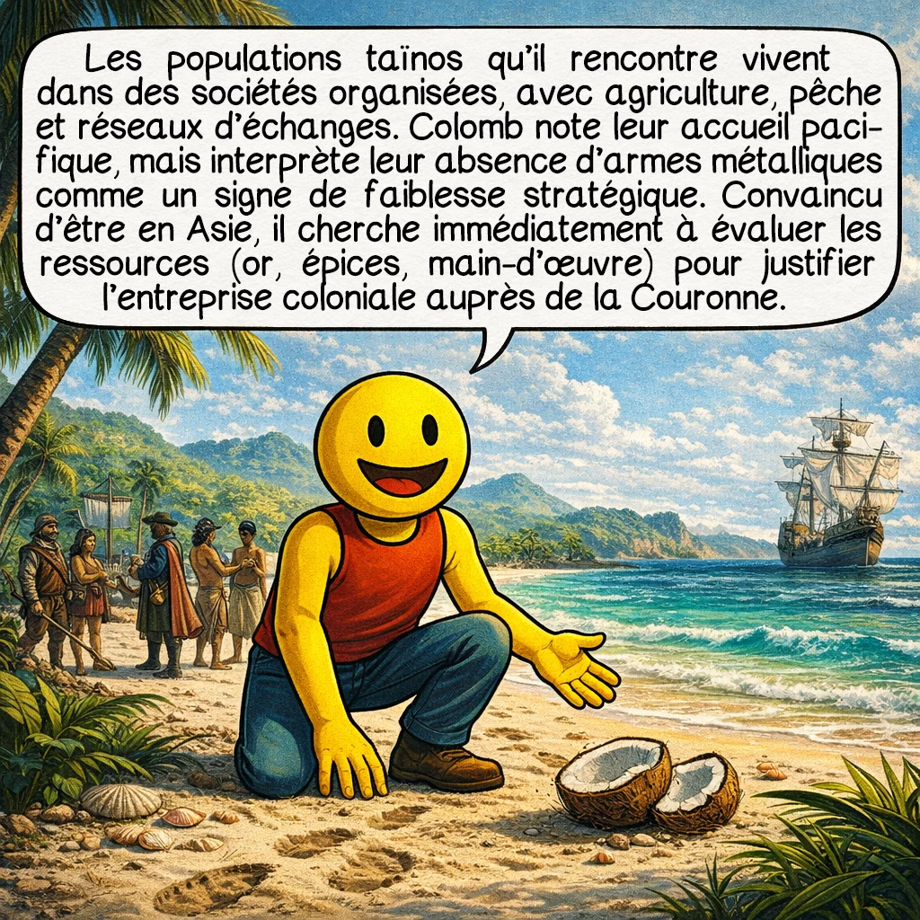 Christophe Colomb, case 4 : Les populations taïnos qu’il rencontre vivent dans des sociétés organisées, avec agriculture, pêche et réseaux d’échanges. Colomb note leur accueil pacifique, mais interprète leur absence d’armes métalliques comme un signe de faiblesse stratégique. Convaincu d’être en Asie, il cherche immédiatement à évaluer les ressources — or, épices, main-d’œuvre — pour justifier l’entreprise coloniale auprès de la Couronne.