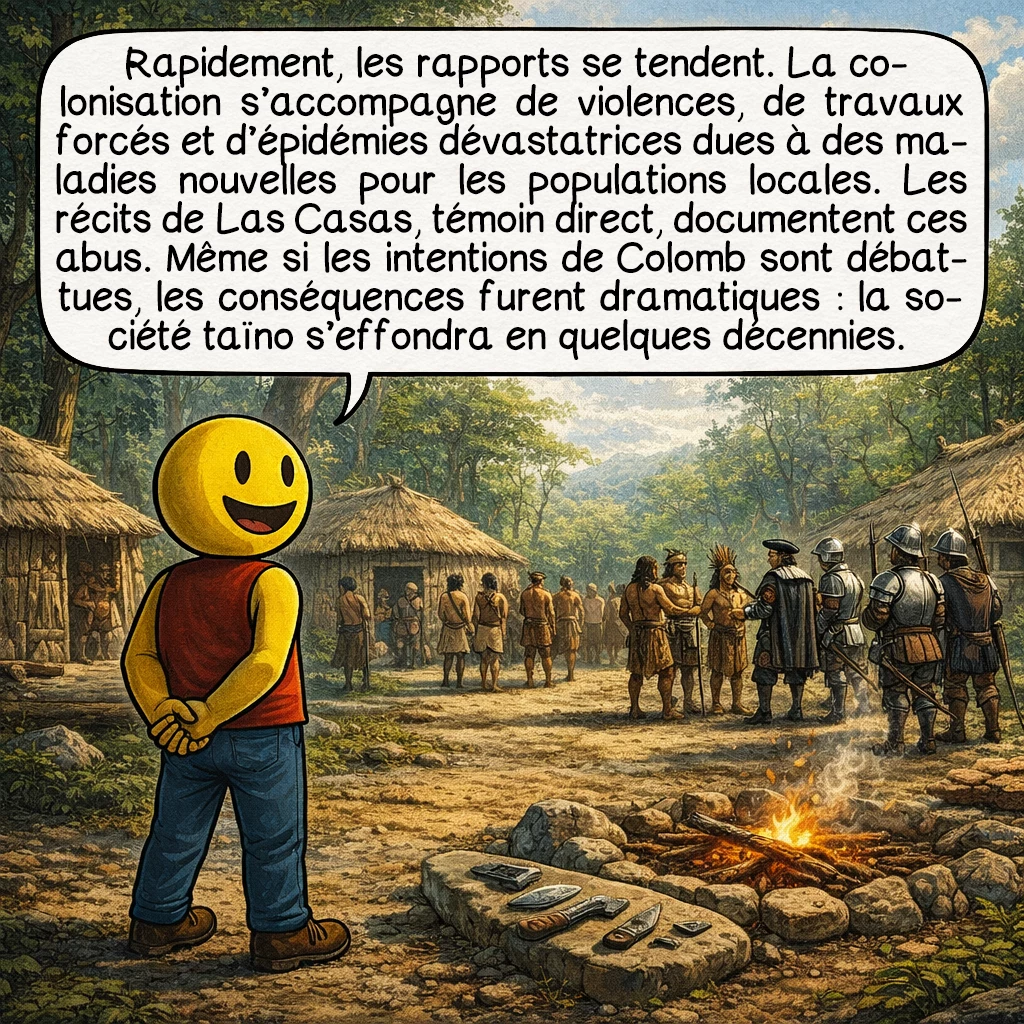 Christophe Colomb, case 5 : Rapidement, les rapports se tendent. La colonisation s’accompagne de violences, de travaux forcés et d’épidémies dévastatrices dues à des maladies nouvelles pour les populations locales. Les récits de Las Casas, témoin direct, documentent ces abus. Même si les intentions de Colomb sont débattues, les conséquences furent dramatiques : la société taïno s’effondra en quelques décennies.