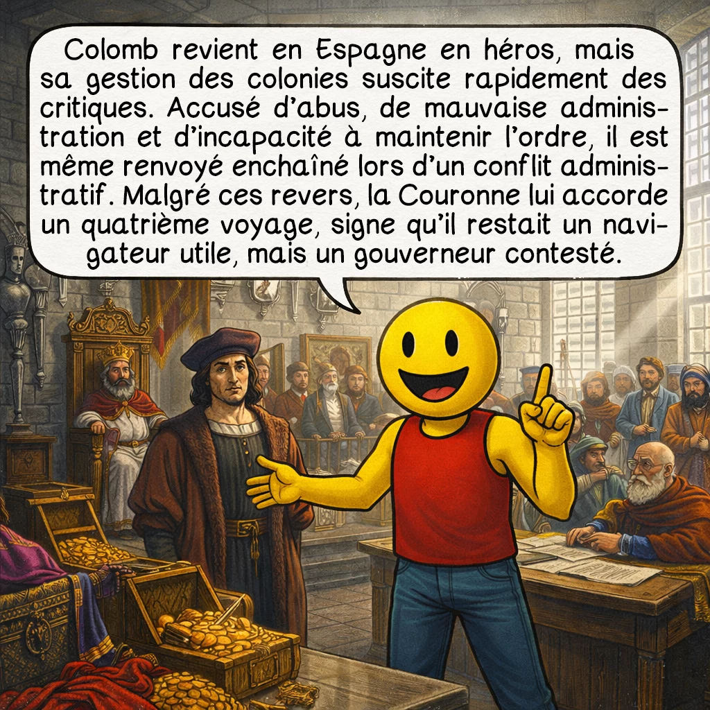 Christophe Colomb, case 6 : Colomb revient en Espagne en héros, mais sa gestion des colonies suscite rapidement des critiques. Accusé d’abus, de mauvaise administration et d’incapacité à maintenir l’ordre, il est même renvoyé enchaîné lors d’un conflit administratif. Malgré ces revers, la Couronne lui accorde un quatrième voyage, signe qu’il restait un navigateur utile, mais un gouverneur contesté.