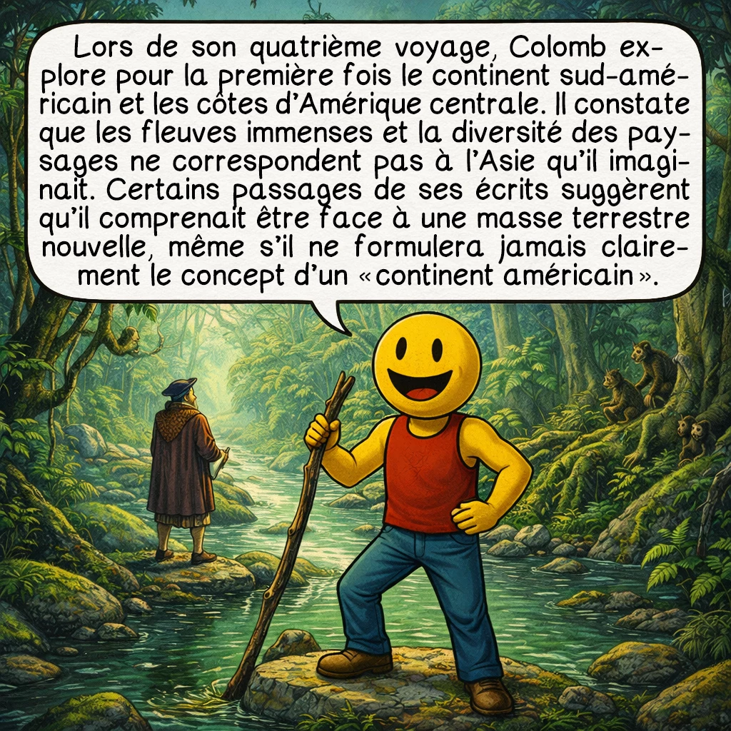 Christophe Colomb, case 7 : Lors de son quatrième voyage, Colomb explore pour la première fois le continent sud-américain et les côtes d’Amérique centrale. Il constate que les fleuves immenses et la diversité des paysages ne correspondent pas à l’Asie qu’il imaginait. Certains passages de ses écrits suggèrent qu’il comprenait être face à une masse terrestre nouvelle, même s’il ne formulera jamais clairement le concept d’un « continent américain ».