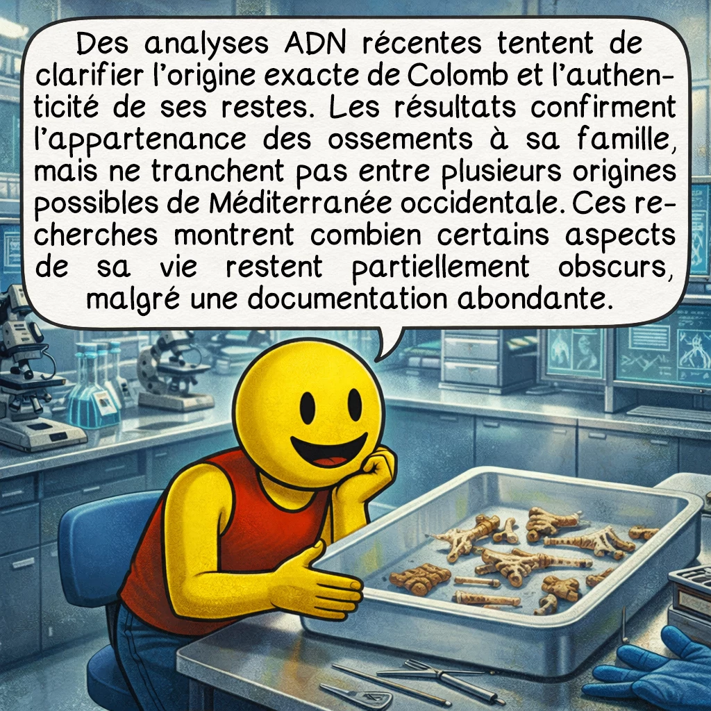 Christophe Colomb, case 8 : Des analyses ADN récentes tentent de clarifier l’origine exacte de Colomb et l’authenticité de ses restes. Les résultats confirment l’appartenance des ossements à sa famille, mais ne tranchent pas entre plusieurs origines possibles de Méditerranée occidentale. Ces recherches montrent combien certains aspects de sa vie restent partiellement obscurs, malgré une documentation abondante.