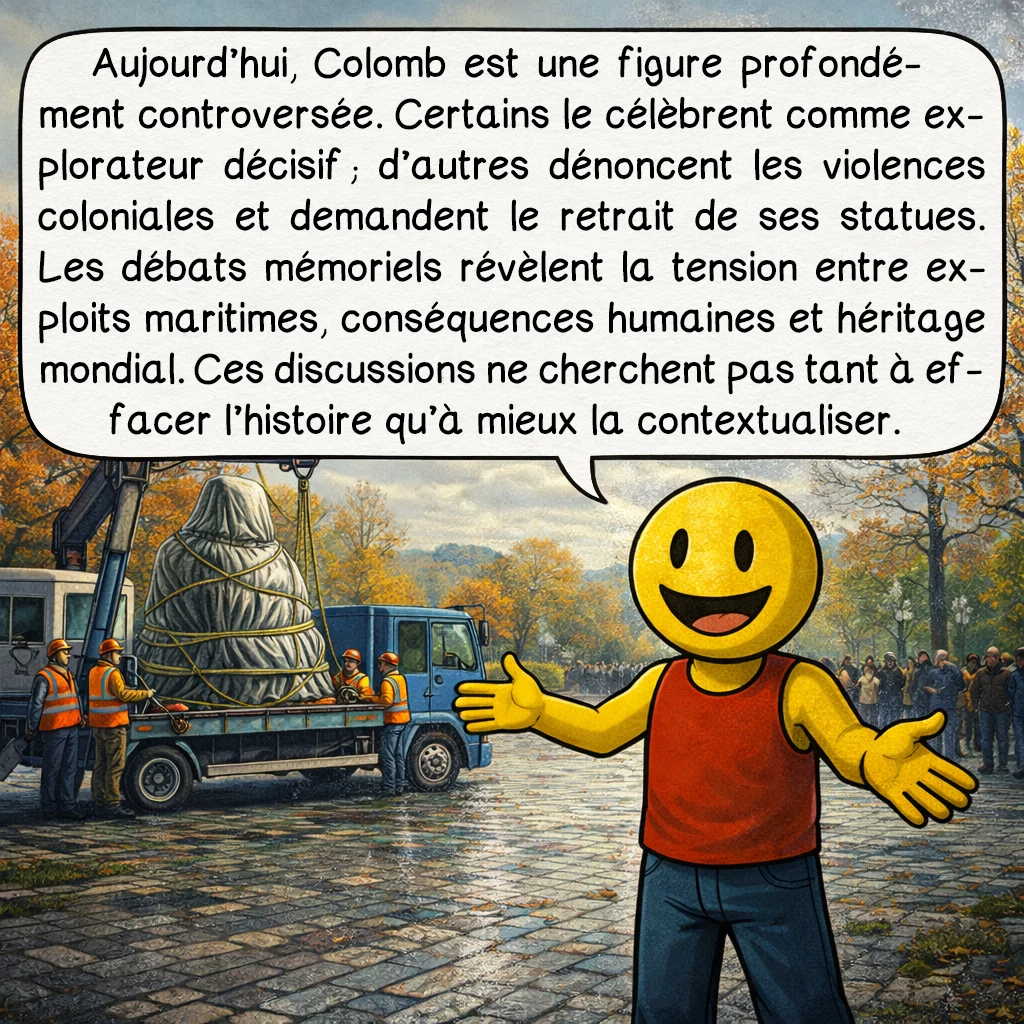 Christophe Colomb, case 9 : Aujourd’hui, Colomb est une figure profondément controversée. Certains le célèbrent comme explorateur décisif ; d’autres dénoncent les violences coloniales et demandent le retrait de ses statues. Les débats mémoriels révèlent la tension entre exploits maritimes, conséquences humaines et héritage mondial. Ces discussions ne cherchent pas tant à effacer l’histoire qu’à mieux la contextualiser.