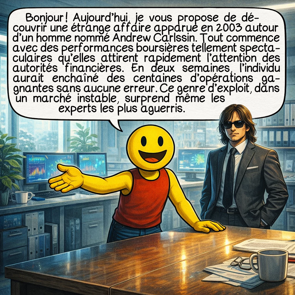 Andrew Carlssin, case 1 : Bonjour ! Aujourd’hui, je vous propose de découvrir une étrange affaire apparue en 2003 autour d’un homme nommé Andrew Carlssin. Tout commence avec des performances boursières tellement spectaculaires qu’elles attirent rapidement l’attention des autorités financières. En deux semaines, l’individu aurait enchaîné des centaines d’opérations gagnantes sans aucune erreur. Ce genre d’exploit, dans un marché instable, surprend même les experts les plus aguerris.