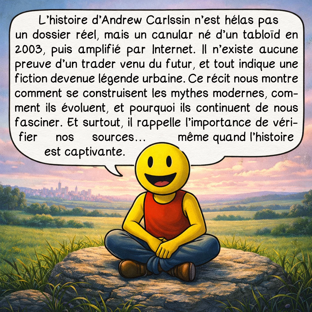 Andrew Carlssin, case 10 : L’histoire d’Andrew Carlssin n’est hélas pas un dossier réel, mais un canular né d’un tabloïd en 2003, puis amplifié par Internet. Il n’existe aucune preuve d’un trader venu du futur, et tout indique une fiction devenue légende urbaine. Ce récit nous montre comment se construisent les mythes modernes, comment ils évoluent, et pourquoi ils continuent de nous fasciner. Et surtout, il rappelle l’importance de vérifier nos sources… même quand l’histoire est captivante.